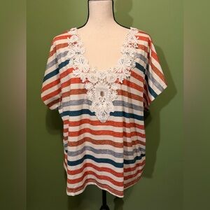 SHEIN Striped Lace V-Neck Tee